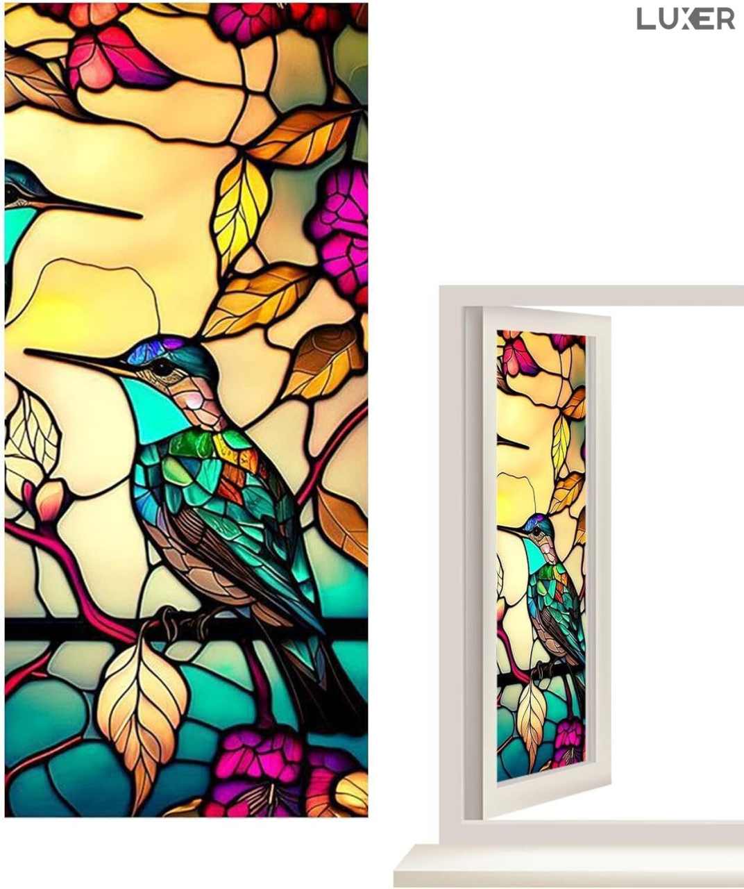 Folie autoadezivă pentru geamuri Luxer cu efect de vitraliu, Model Pasarea Privighetoare, oferă protecție solară UV și intimitate 80%. [8]