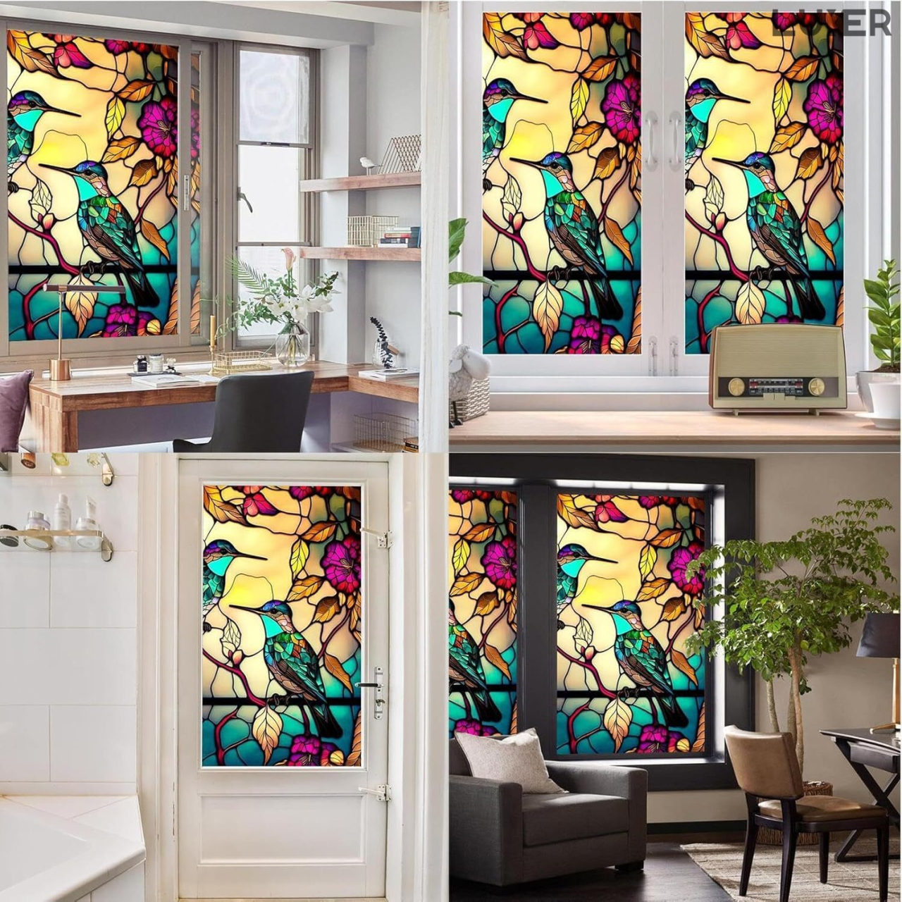 Folie autoadezivă pentru geamuri Luxer cu efect de vitraliu, Model Pasarea Privighetoare, oferă protecție solară UV și intimitate 80%. [4]