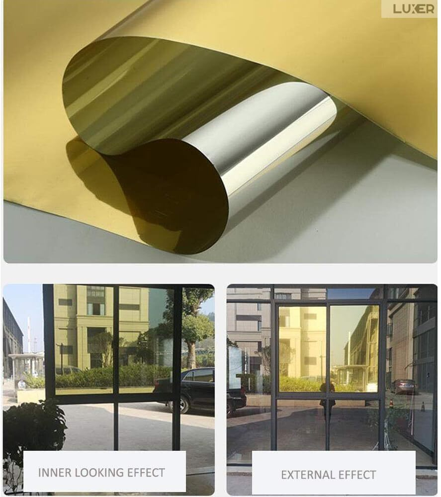 Folie Autoadeziva  pentru Geamuri Termopan, Tip Oglinda, Protectie Solara UV, Efect Privacy, One Way Mirror Window Film, Autocolanta, Pentru Casa/Cladiri, Dimensiuni 200 x 60 cm, Auriu, Folie Geam sa nu se vada din exterior, sa nu se vada in casa, autocolant geam termopan leroy merlin dedeman, protectie solara ferestre luxer [8]
