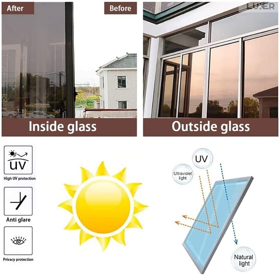 Folie Autoadeziva  pentru Geamuri Termopan, Tip Oglinda, Protectie Solara UV, Efect Privacy, One Way Mirror Window Film, Autocolanta, Pentru Casa/Cladiri, Dimensiuni 200 x 60 cm, Maro, Silver, Folie Geam sa nu se vada din exterior, sa nu se vada in casa, autocolant geam termopan leroy merlin dedeman, protectie solara ferestre luxer [12]