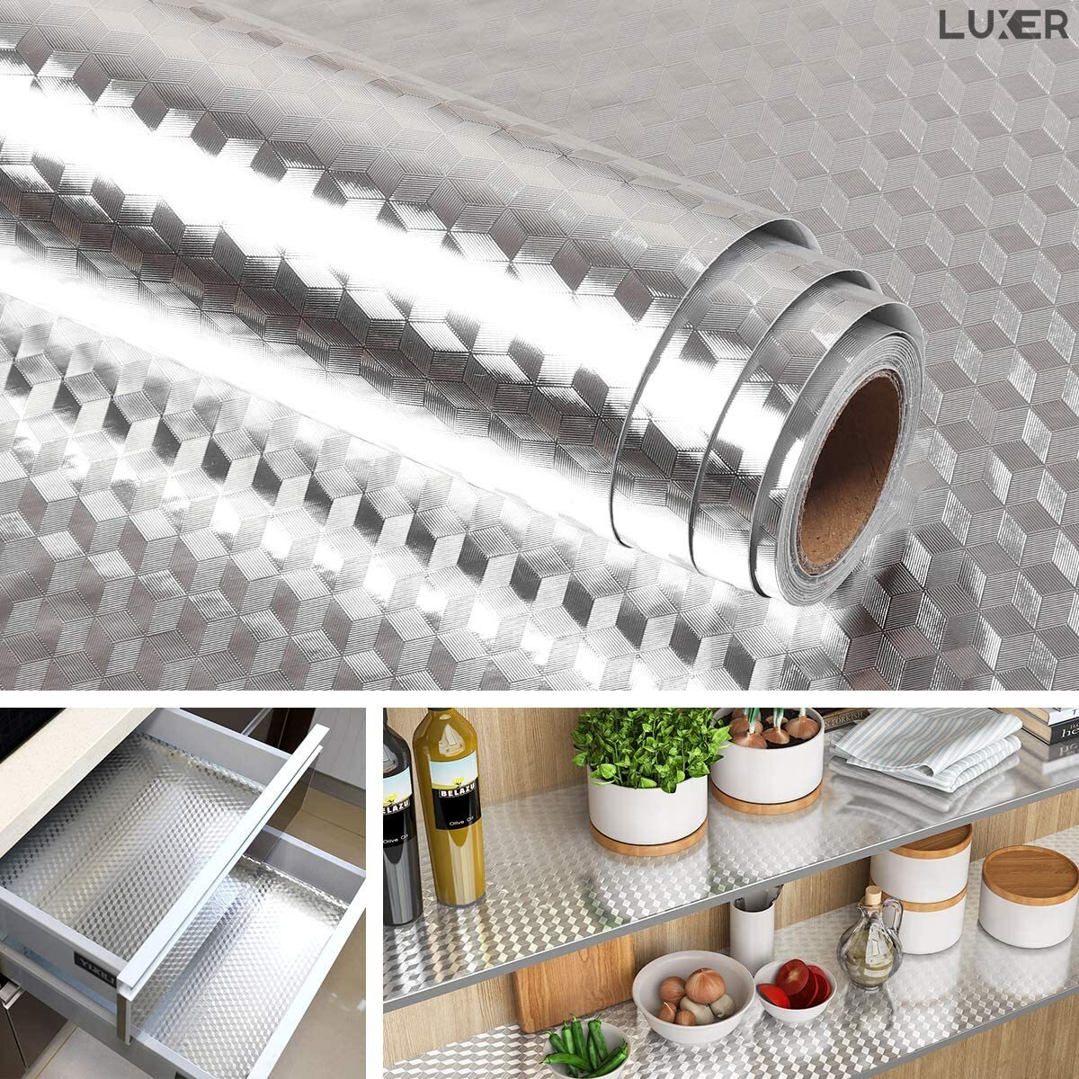 Folie Autoadeziva Pentru Protectie Mobila de Bucatarie Luxer, Model Romburi 3D, Silver, 200x40cm, folie adeziva mobilier bucatarie gradina dedeman leroy merlin brico depot hornbach mathaus pentru masa geam ieftina luxer [3]