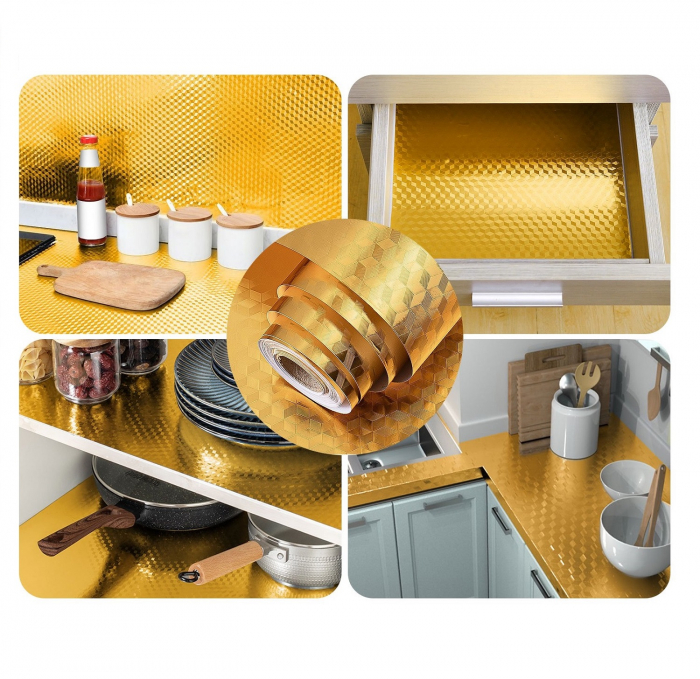 Folie Autoadeziva Pentru Protectie Mobila de Bucatarie Luxer, Model 3D, Gold, 200x40cm, folie adeziva mobilier bucatarie gradina dedeman leroy merlin brico depot hornbach mathaus pentru masa geam ieftina luxer [3]