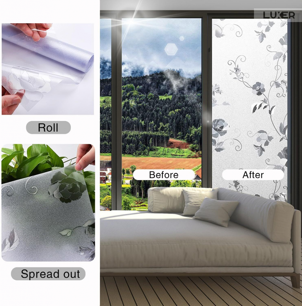 Folie Decorativa Privacy Pentru Geamuri - Home&Office, Protectie UV, Model - Bujori, Dimensiuni 200x60 cm, Luxer [7]
