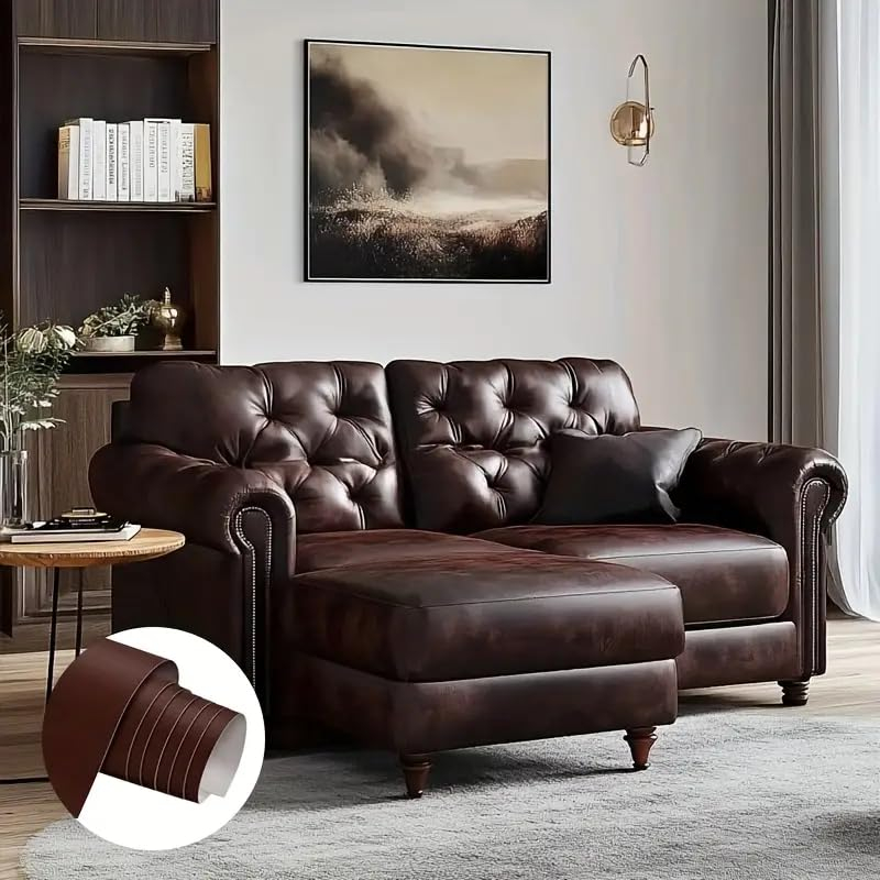 Folie din piele ecologică autoadezivă Luxer, maro, dimensiune 137x60 cm, ideală pentru recondiționare canapea, scaun sau interior auto. [6]