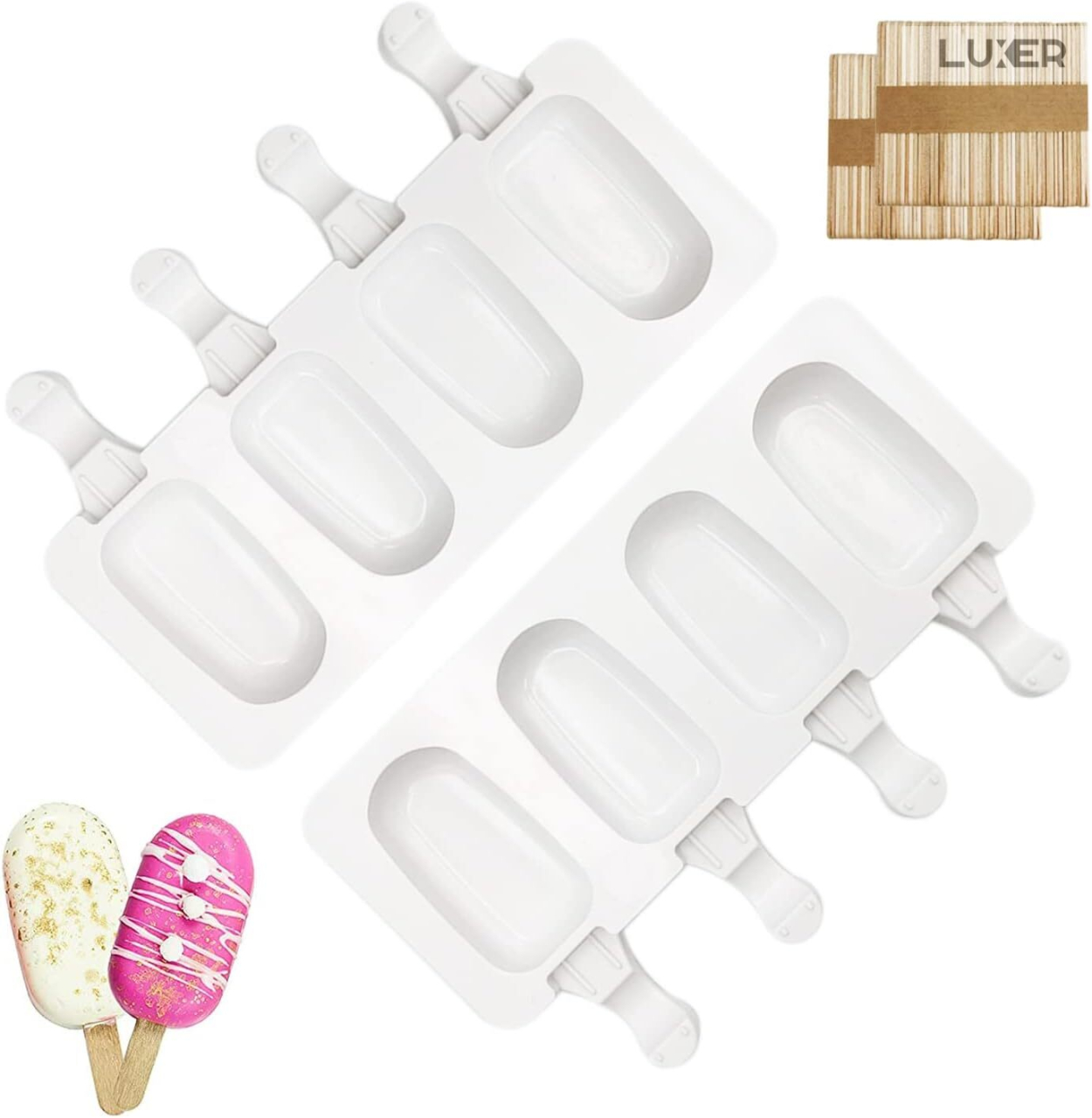 Formă de înghețată pe băț din silicon BPA free LUXER, cu 4 cavități și 50 bețe de lemn incluse, pentru deserturi sănătoase și înghețată homemade. [5]