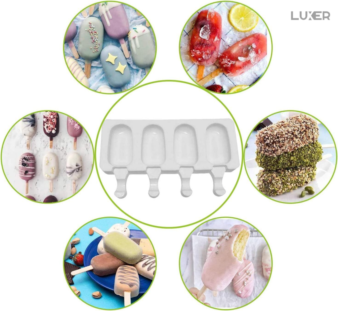 Formă de înghețată pe băț din silicon BPA free LUXER, cu 4 cavități și 50 bețe de lemn incluse, pentru deserturi sănătoase și înghețată homemade. [4]