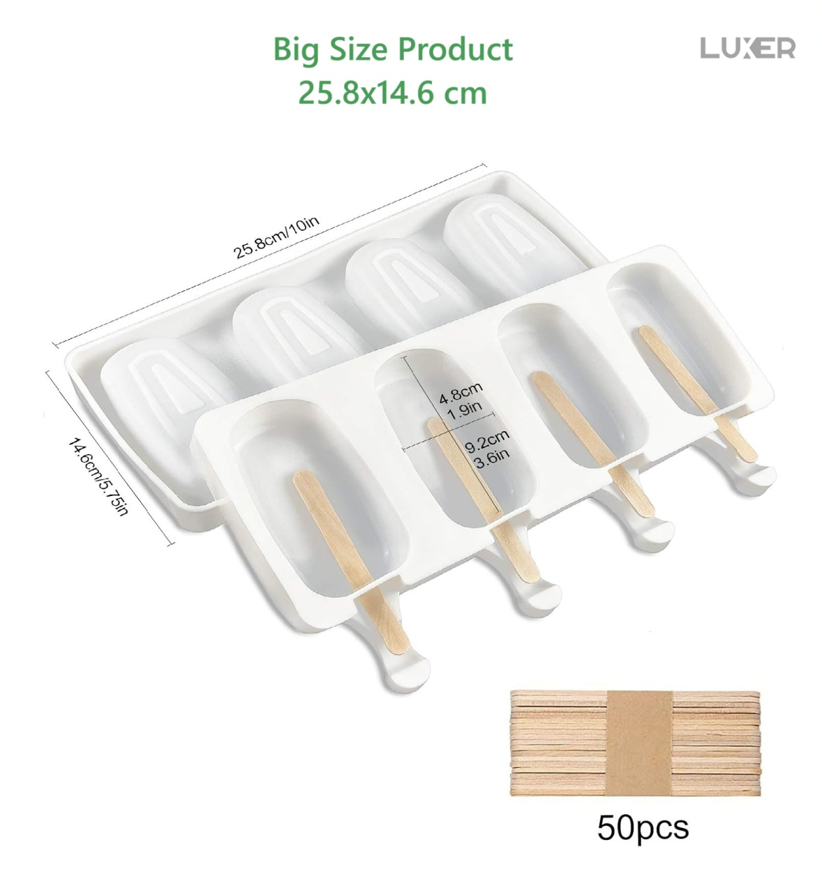 Formă de înghețată Big Size pe băț din silicon BPA free LUXER, cu 4 cavități și 50 bețe de lemn incluse, pentru deserturi mari și sănătoase preparate acasă. [15]