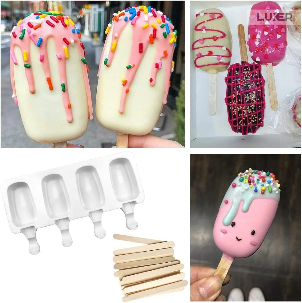 Formă de înghețată Big Size pe băț din silicon BPA free LUXER, cu 4 cavități și 50 bețe de lemn incluse, pentru deserturi mari și sănătoase preparate acasă. [2]