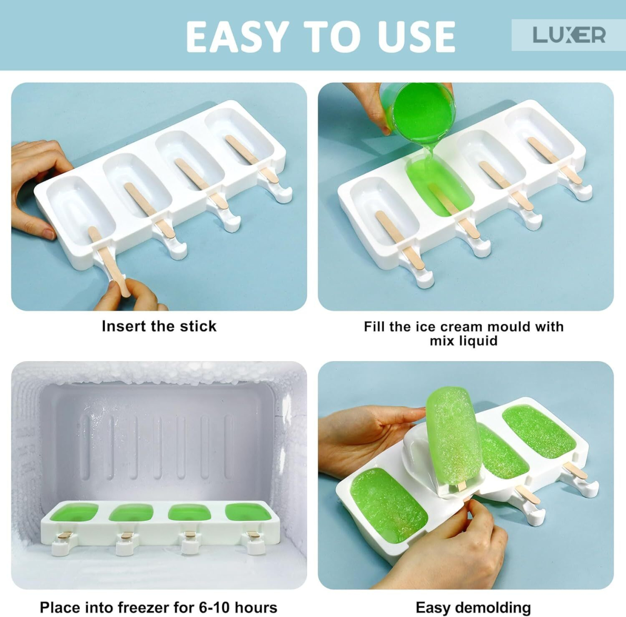 Formă de înghețată Big Size pe băț din silicon BPA free LUXER, cu 4 cavități și 50 bețe de lemn incluse, pentru deserturi mari și sănătoase preparate acasă. [11]