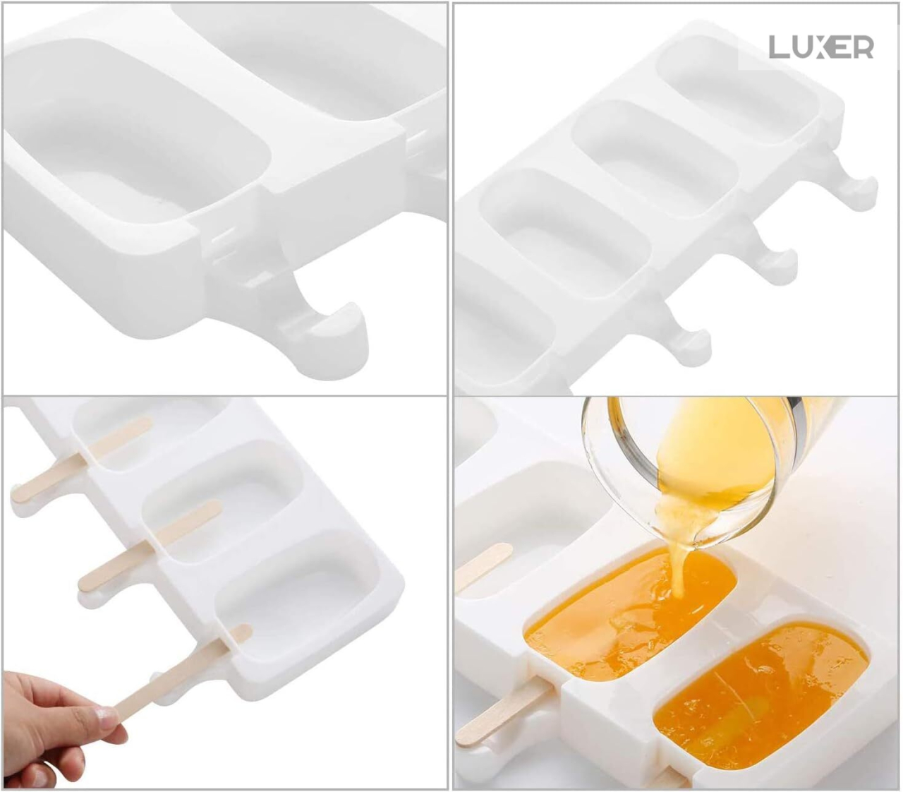 Formă de înghețată Big Size pe băț din silicon BPA free LUXER, cu 4 cavități și 50 bețe de lemn incluse, pentru deserturi mari și sănătoase preparate acasă. [6]