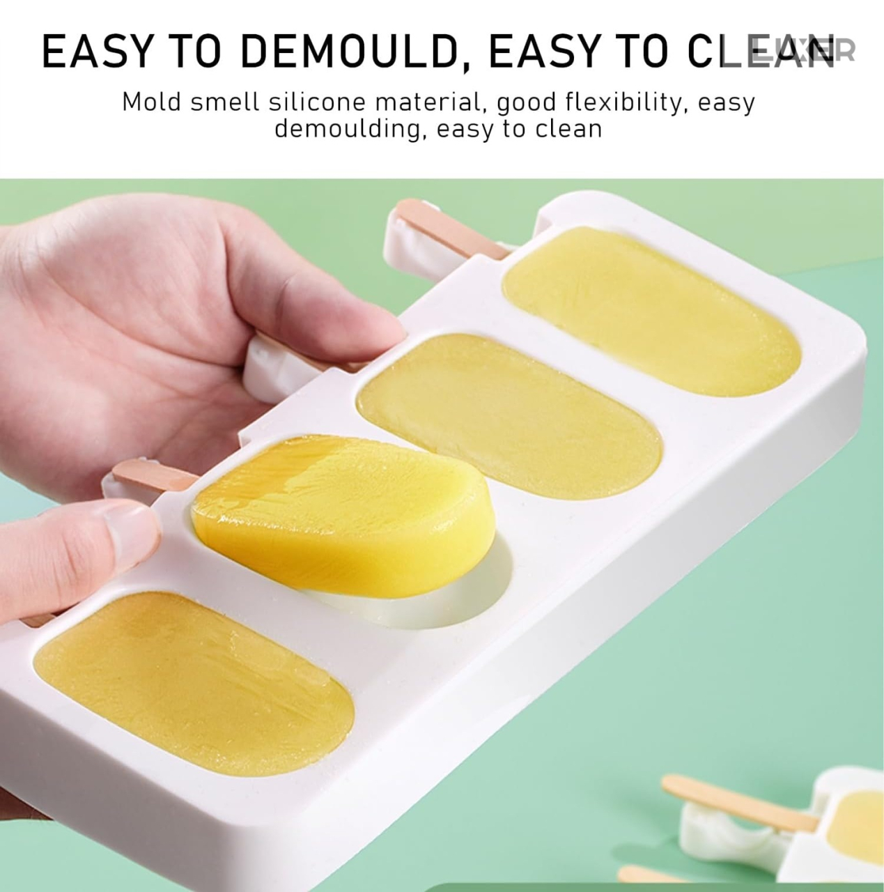 Formă de înghețată Big Size pe băț din silicon BPA free LUXER, cu 4 cavități și 50 bețe de lemn incluse, pentru deserturi mari și sănătoase preparate acasă. [7]