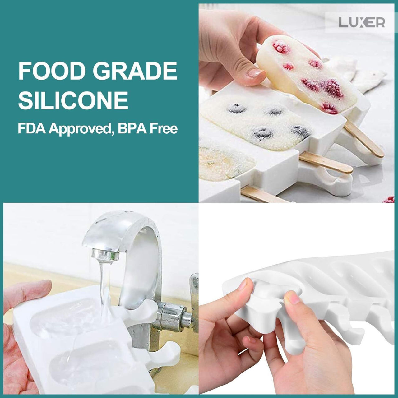 Formă de înghețată Big Size pe băț din silicon BPA free LUXER, cu 4 cavități și 50 bețe de lemn incluse, pentru deserturi mari și sănătoase preparate acasă. [13]