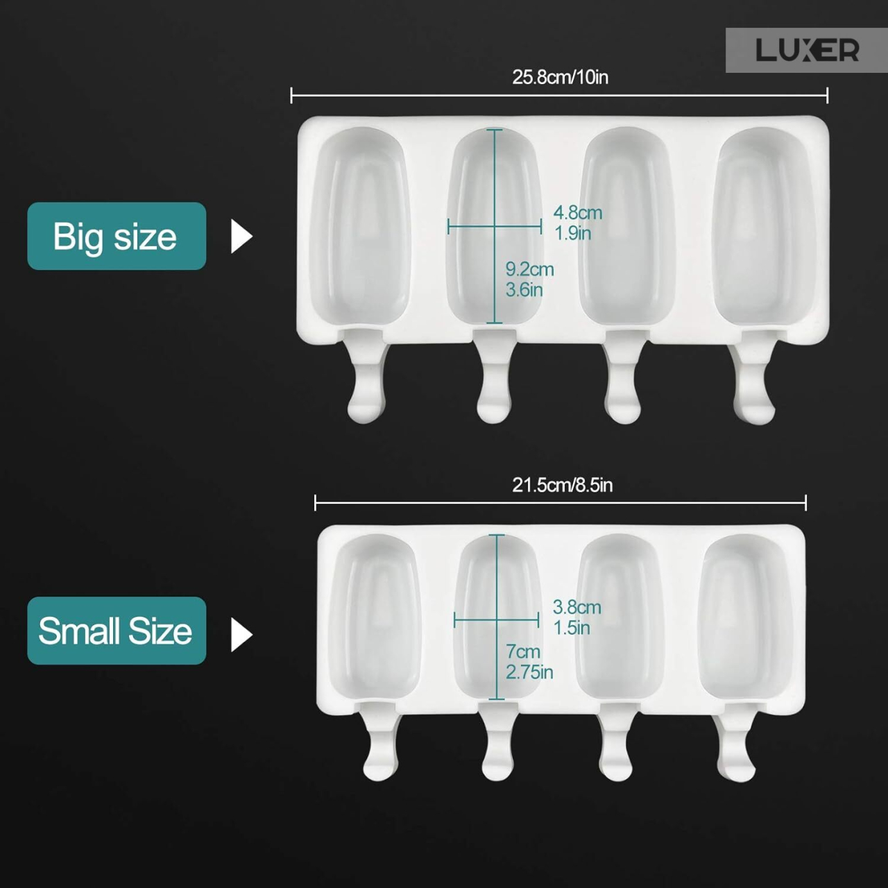 Formă de înghețată Big Size pe băț din silicon BPA free LUXER, cu 4 cavități și 50 bețe de lemn incluse, pentru deserturi mari și sănătoase preparate acasă. [14]