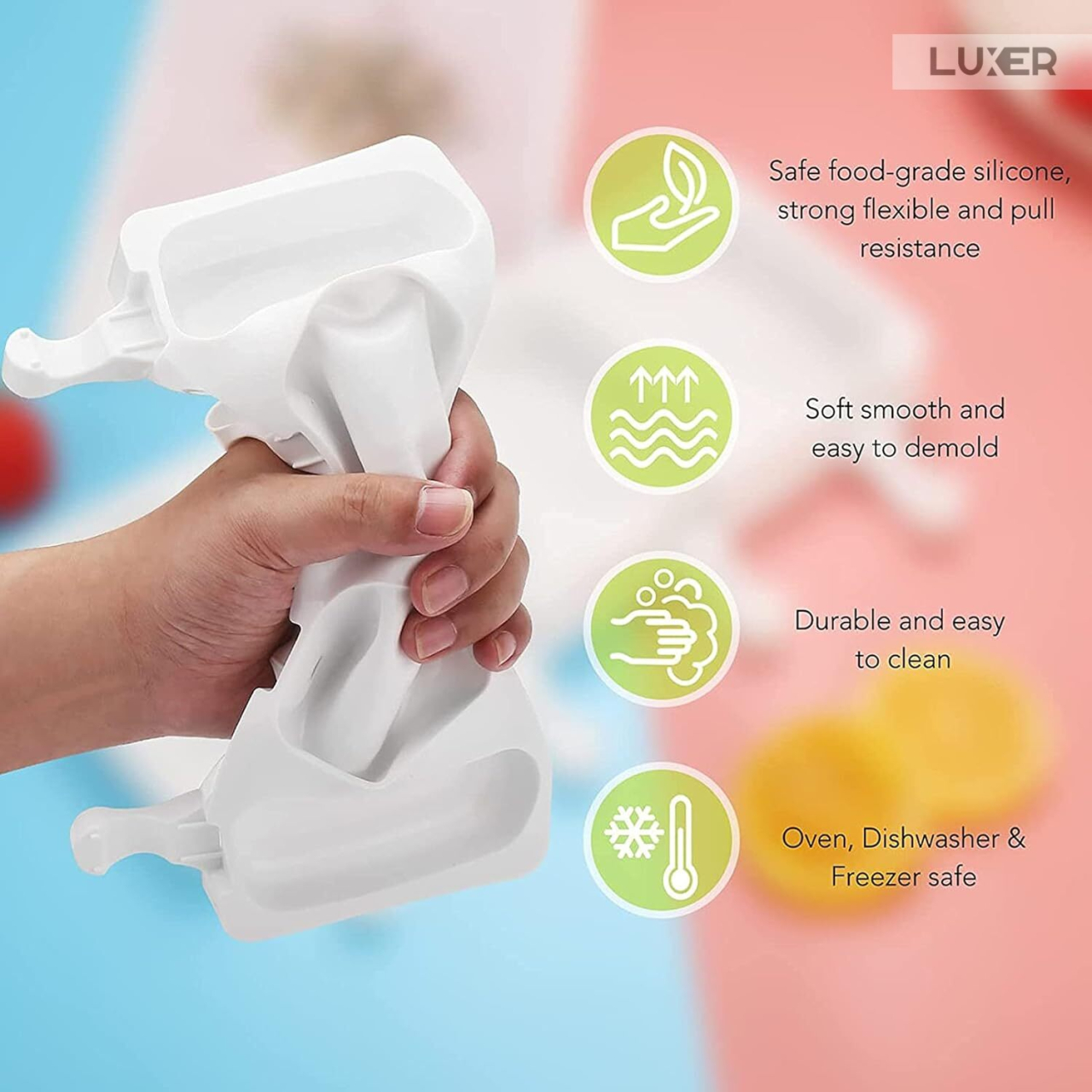 Formă de înghețată Big Size pe băț din silicon BPA free LUXER, cu 4 cavități și 50 bețe de lemn incluse, pentru deserturi mari și sănătoase preparate acasă. [10]