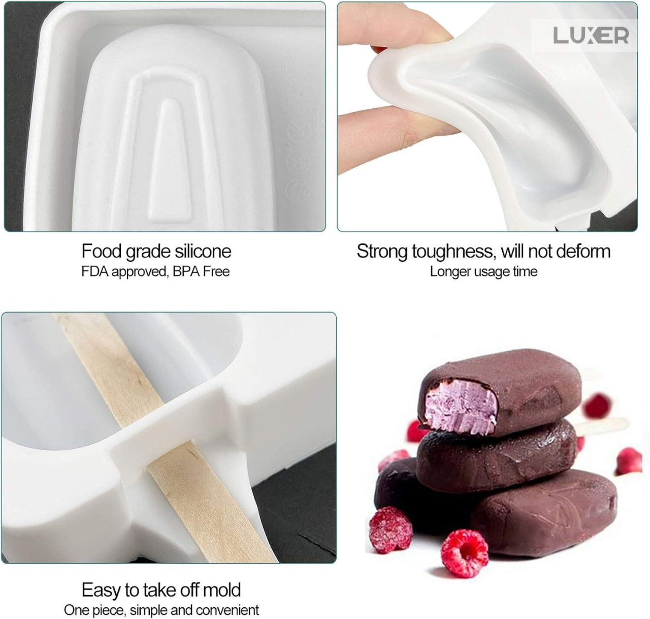 Formă de înghețată Big Size pe băț din silicon BPA free LUXER, cu 4 cavități și 50 bețe de lemn incluse, pentru deserturi mari și sănătoase preparate acasă. [4]