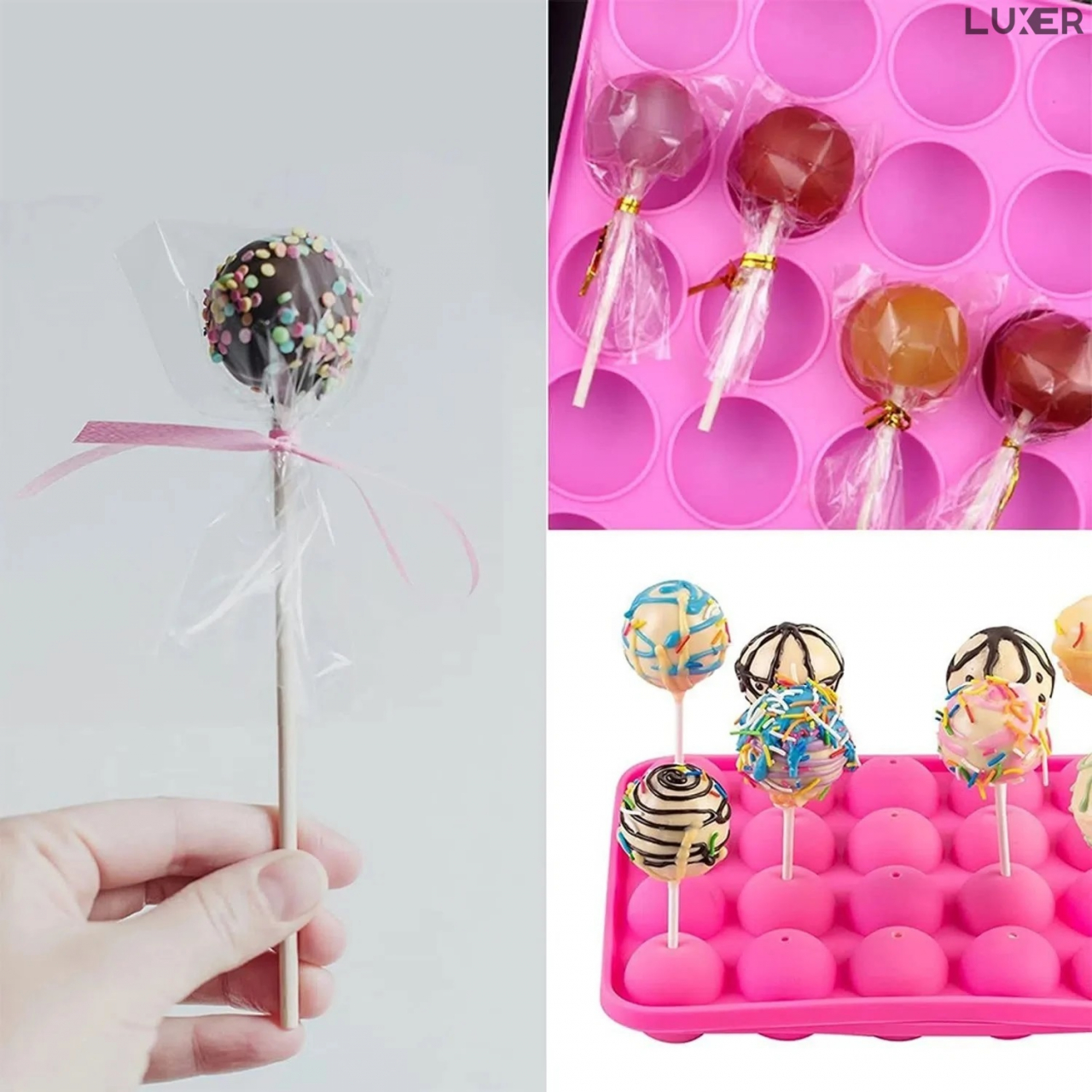 Forma din Silicon pentru Candy Bar, 20 Acadele de Ciocolata, Jeleu, Zahar, Forma Cake Pops, Multifunctionala, Rezistenta intre -40°C si +230°C, 18 x 22.5 cm, Luxer, Forma din silicon pentru acadele de ciocolata, jeleuri, zahar, matrita dulciuri pentru cuptor sau congelator, ideal pentru gatit cu copii, din silicon [8]