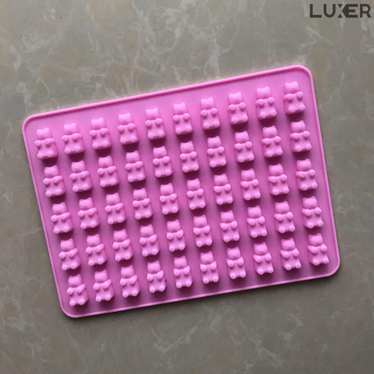 Forma din Silicon pentru 50 Jeleuri in Forma de Ursuleti din Zahar, Ciocolata, Multifunctionala, Rezistenta intre -40°C si +230°C, 18.7 x 13.7 x 1 cm, Roz, Luxer, Forma din silicon pentru jeleuri Haribo de ciocolata, jeleuri, zahar, matrita dulciuri pentru cuptor sau congelator, ideal pentru gatit cu copii, din silicon [2]