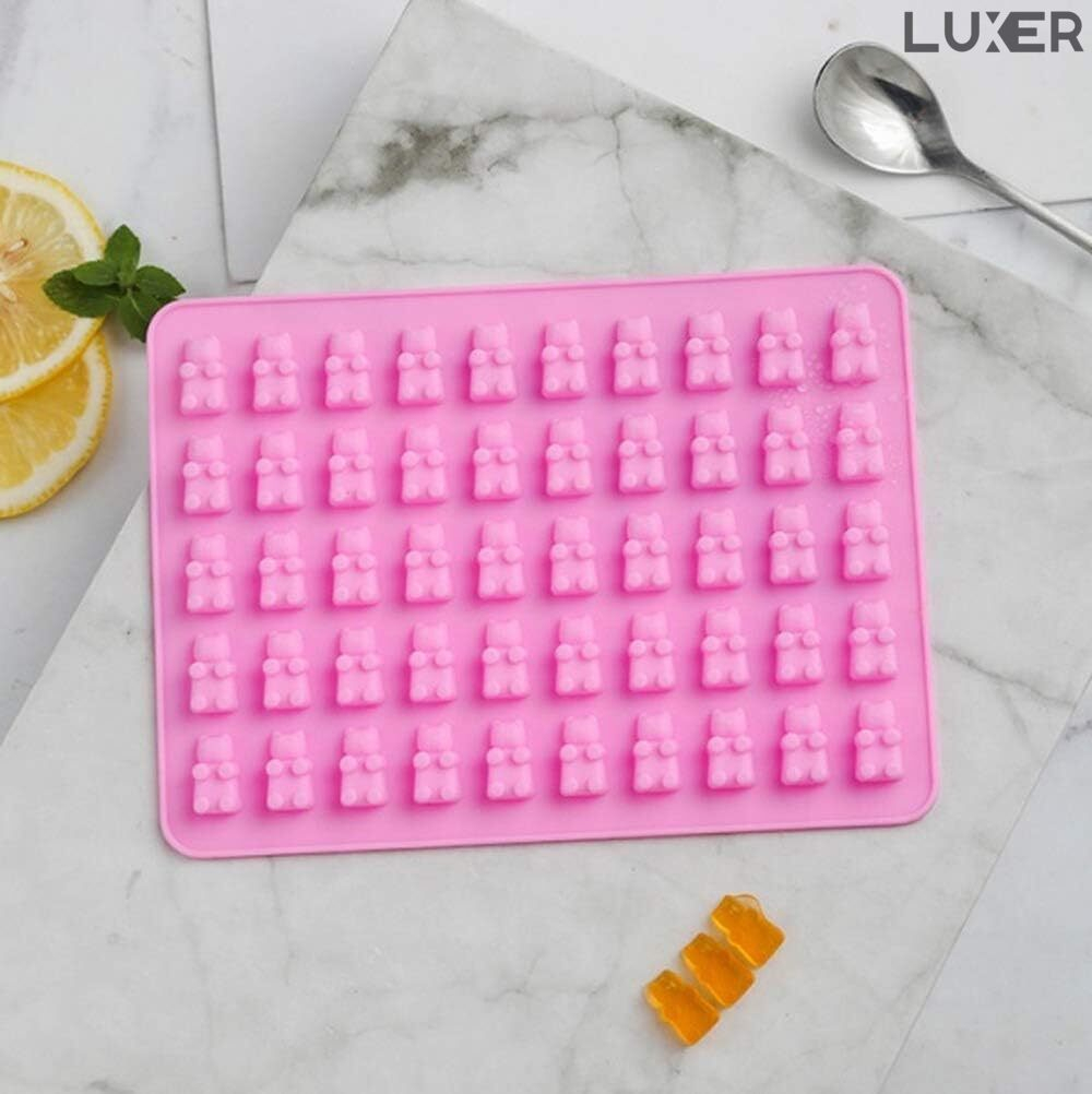 Forma din Silicon pentru 50 Jeleuri in Forma de Ursuleti din Zahar, Ciocolata, Multifunctionala, Rezistenta intre -40°C si +230°C, 18.7 x 13.7 x 1 cm, Roz, Luxer, Forma din silicon pentru jeleuri Haribo de ciocolata, jeleuri, zahar, matrita dulciuri pentru cuptor sau congelator, ideal pentru gatit cu copii, din silicon [8]