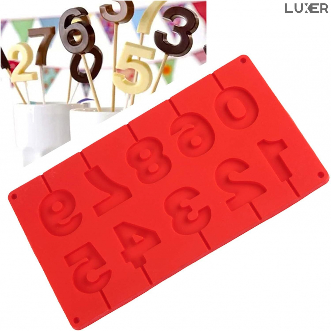 Forma din Silicon pentru 10 Acadele in forma de Cifre/Numere Aniversare, din Ciocolata, Jeleu, Zahar, Multifunctionala, Rezistenta intre -40°C si +230°C, 28 x 16.5 cm, Rosu, Luxer, Forma din silicon pentru cifre aniversare pentru tort de ciocolata, jeleuri, zahar, matrita dulciuri pentru cuptor sau congelator, ideal pentru gatit cu copii, din silicon [2]