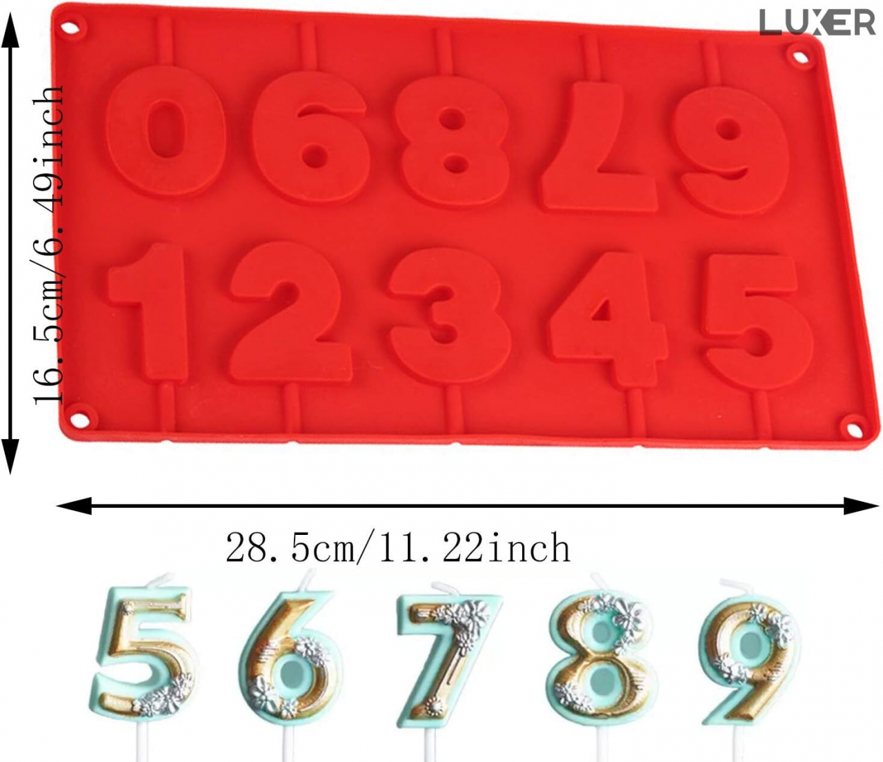 Forma din Silicon pentru 10 Acadele in forma de Cifre/Numere Aniversare, din Ciocolata, Jeleu, Zahar, Multifunctionala, Rezistenta intre -40°C si +230°C, 28 x 16.5 cm, Rosu, Luxer, Forma din silicon pentru cifre aniversare pentru tort de ciocolata, jeleuri, zahar, matrita dulciuri pentru cuptor sau congelator, ideal pentru gatit cu copii, din silicon [9]