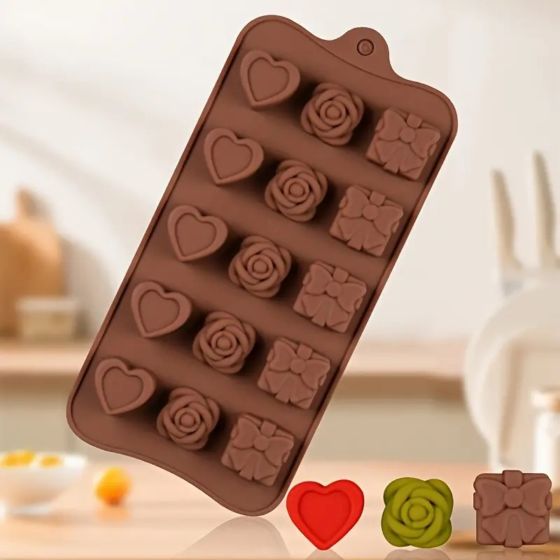 Forma Din Silicon Pentru Bomboane De Ciocolata Sau Jeleu, 5 x Forma Inimioara, 5 x Forma Trandafir, 5 x Forma Cadou, 21x10.5 cm, Luxer, Forma Ciocoalata Plastic / Silicon , Matrita Ciocolata de Casa in forma de Tablete de Ciocolata [3]