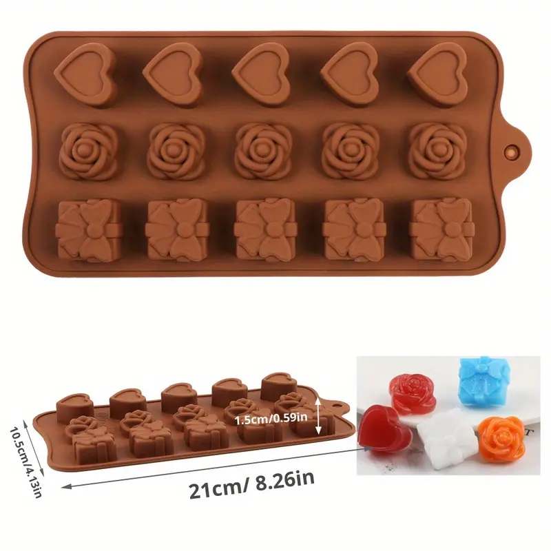 Forma Din Silicon Pentru Bomboane De Ciocolata Sau Jeleu, 5 x Forma Inimioara, 5 x Forma Trandafir, 5 x Forma Cadou, 21x10.5 cm, Luxer, Forma Ciocoalata Plastic / Silicon , Matrita Ciocolata de Casa in forma de Tablete de Ciocolata [7]