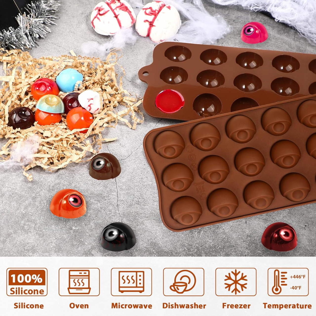 Forma Din Silicon Pentru Bomboane De Ciocolata Sau Jeleu, 15 Praline Cu Forma De Ochi, Tematica Halloween, 19.8x10.2 cm, Luxer, Forma Ciocoalata Plastic / Silicon , Matrita Ciocolata de Casa in forma de Tablete de Ciocolata [3]