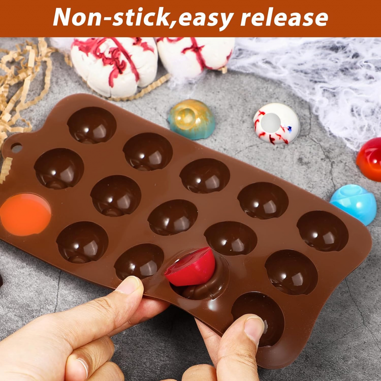 Forma Din Silicon Pentru Bomboane De Ciocolata Sau Jeleu, 15 Praline Cu Forma De Ochi, Tematica Halloween, 19.8x10.2 cm, Luxer, Forma Ciocoalata Plastic / Silicon , Matrita Ciocolata de Casa in forma de Tablete de Ciocolata [4]