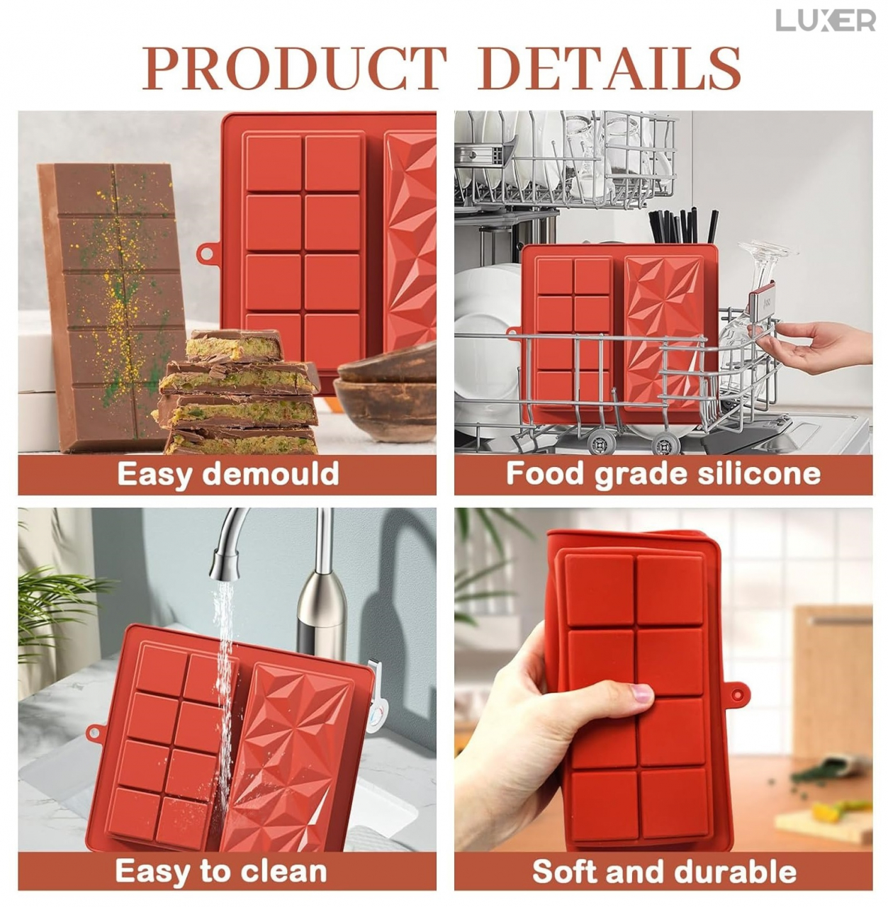 Forma Din Silicon Pentru Ciocolata Dubai De Casa, 1 Tableta cu 4x2 Patratele si 1 Tableta Model Diamant, 21x19 cm, Luxer [10]