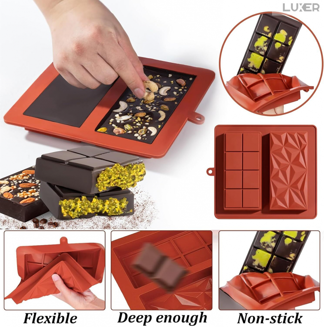 Forma Din Silicon Pentru Ciocolata Dubai De Casa, 1 Tableta cu 4x2 Patratele si 1 Tableta Model Diamant, 21x19 cm, Luxer [3]
