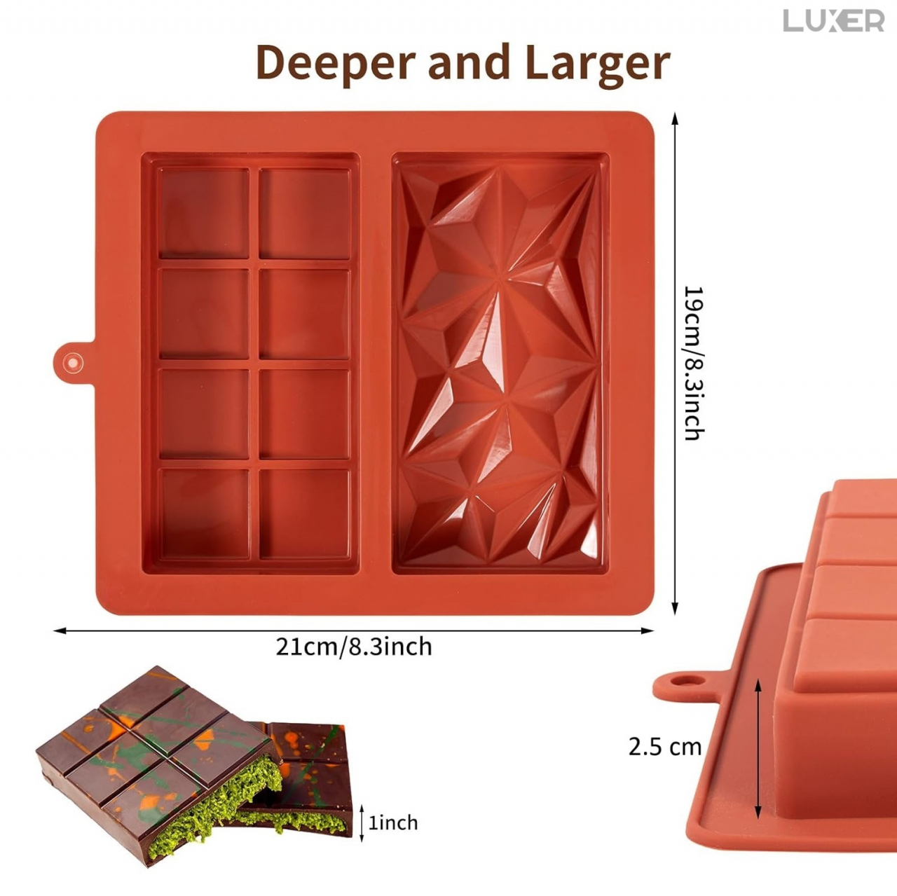 Forma Din Silicon Pentru Ciocolata Dubai De Casa, 1 Tableta cu 4x2 Patratele si 1 Tableta Model Diamant, 21x19 cm, Luxer [11]