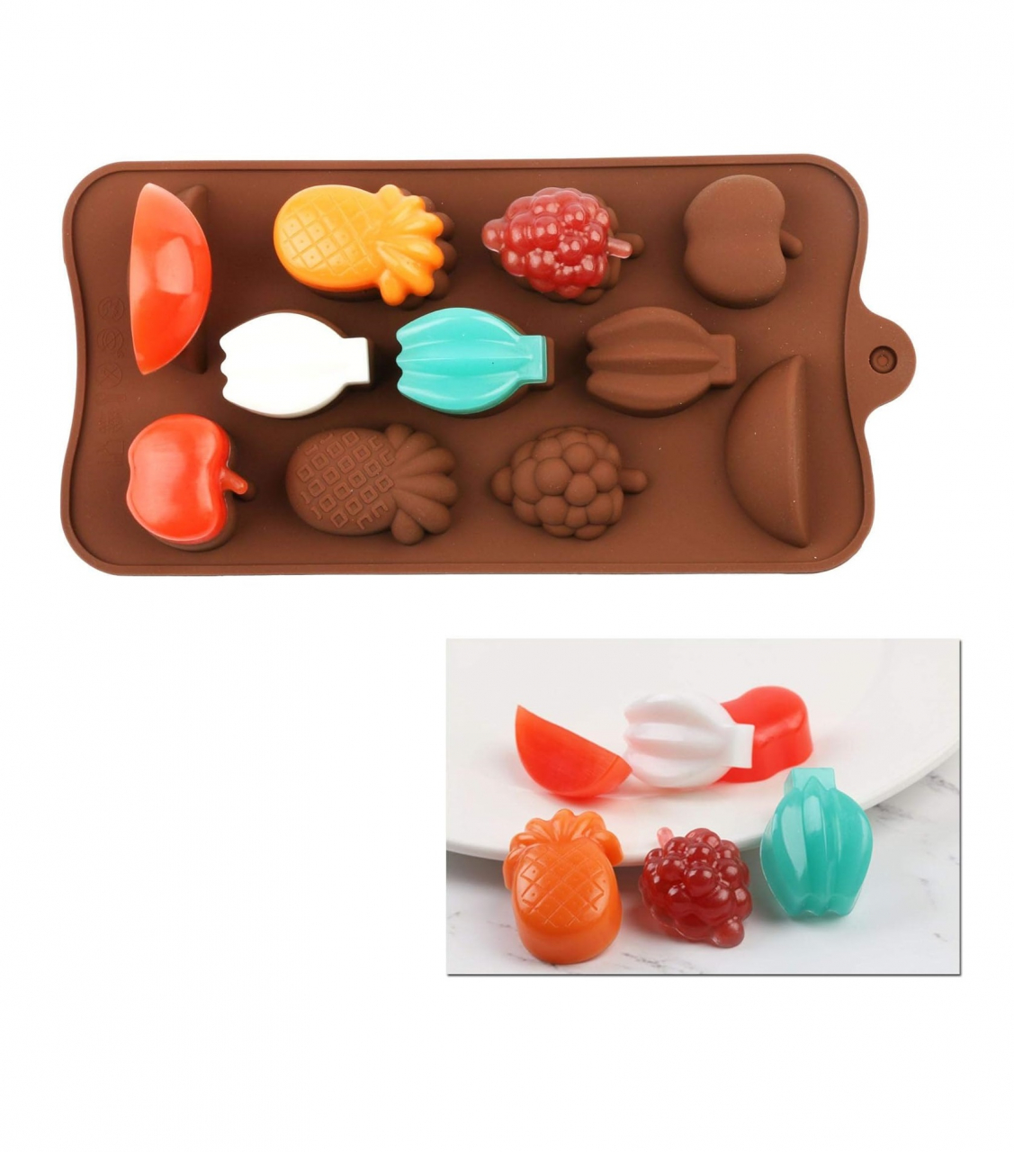 Forma Din Silicon Pentru Bomboane De Ciocolata Sau Jeleuri, 11 Forme Fructe Exotice, 21x10.5 cm, Luxer, Forma Ciocoalata Plastic / Silicon , Matrita Ciocolata de Casa in forma de Tablete de Ciocolata [3]