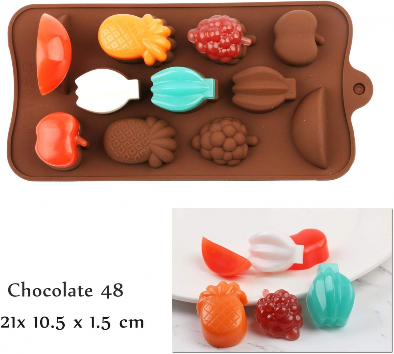 Forma Din Silicon Pentru Bomboane De Ciocolata Sau Jeleuri, 11 Forme Fructe Exotice, 21x10.5 cm, Luxer, Forma Ciocoalata Plastic / Silicon , Matrita Ciocolata de Casa in forma de Tablete de Ciocolata [7]