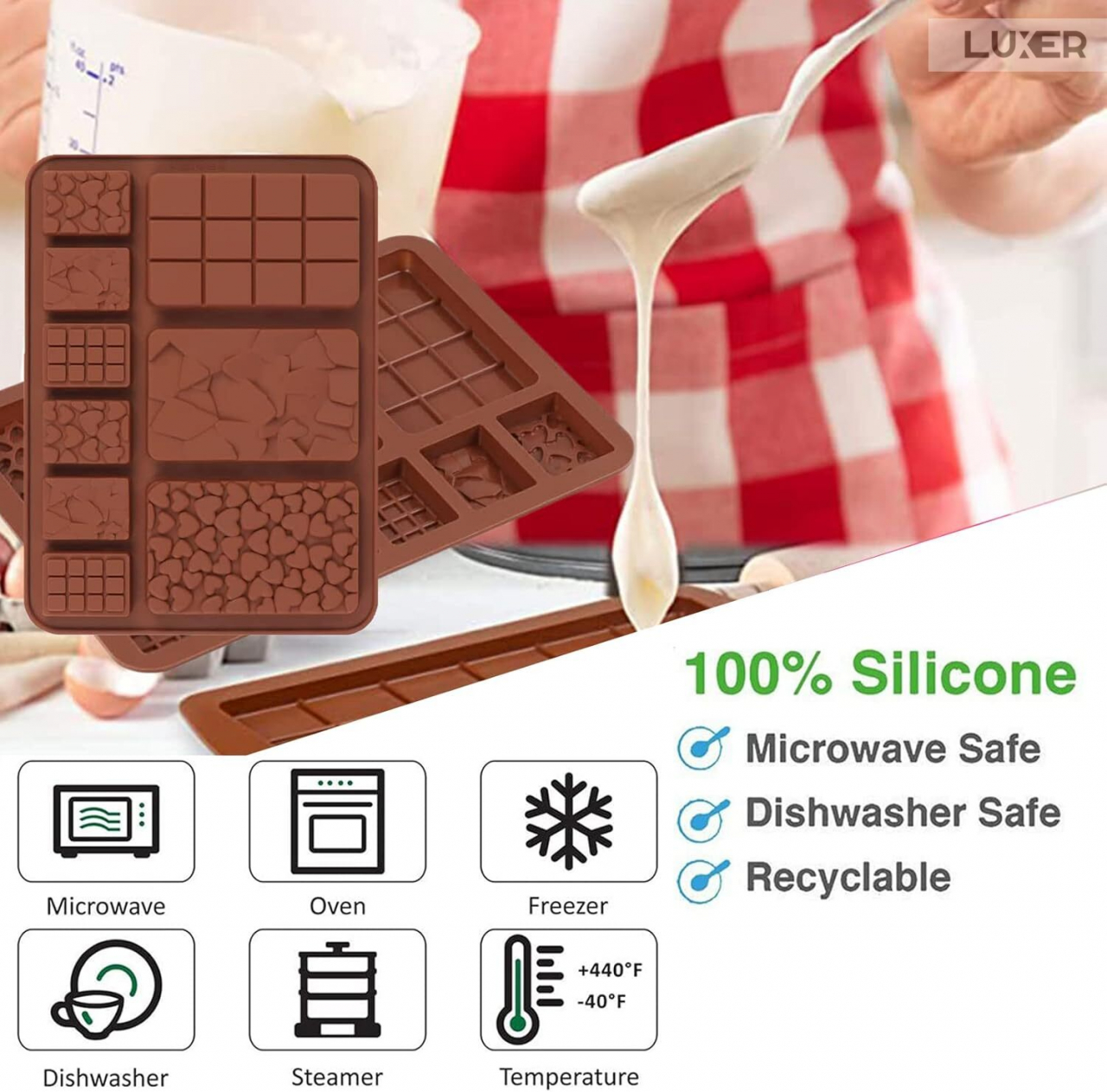 Forma Din Silicon Pentru Ciocolata De Casa, 3 Mini-Tablete 8.8x5.5 cm si 6 Mini-Tablete 3.6x2.6 cm, Dimensiune Forma 20.4x15 cm, Luxer [8]