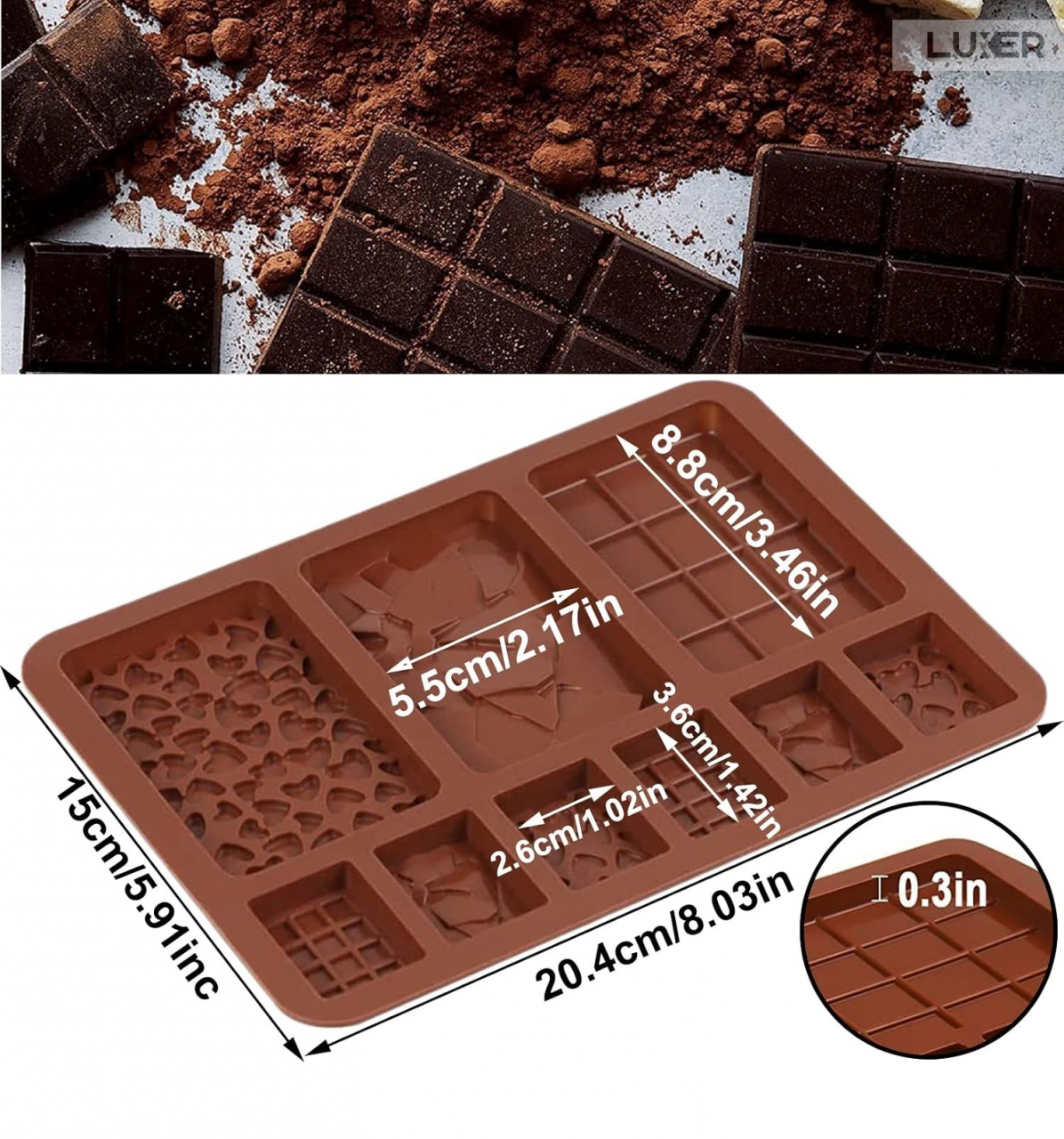 Forma Din Silicon Pentru Ciocolata De Casa, 3 Mini-Tablete 8.8x5.5 cm si 6 Mini-Tablete 3.6x2.6 cm, Dimensiune Forma 20.4x15 cm, Luxer [10]