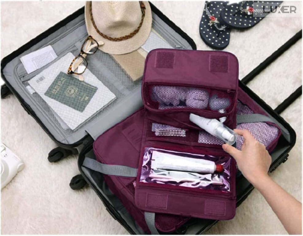 Geanta De Cosmetice Pentru Calatorii Tip Organizator Suspendabil Luxer, Impermeabila, Dimensiuni 24x19x9 cm, Culoare Navy Blue/Red Wine/ Gray [2]