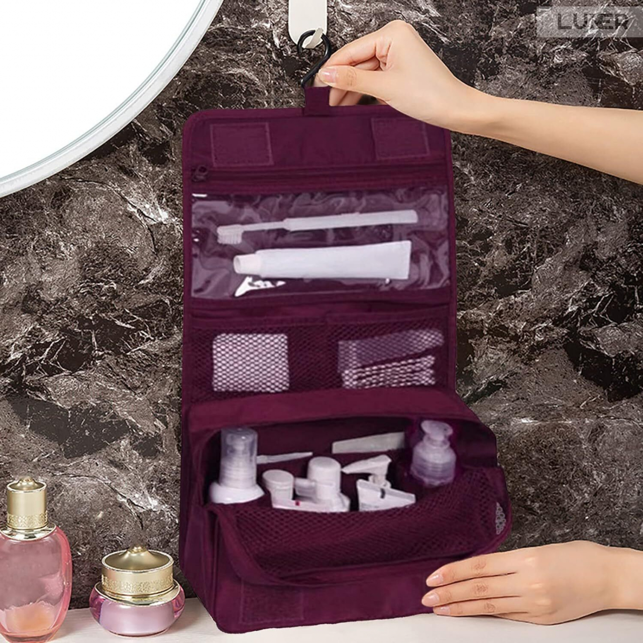 Geanta De Cosmetice Pentru Calatorii Tip Organizator Suspendabil Luxer, Impermeabila, Dimensiuni 24x19x9 cm, Culoare Navy Blue/Red Wine/ Gray [3]