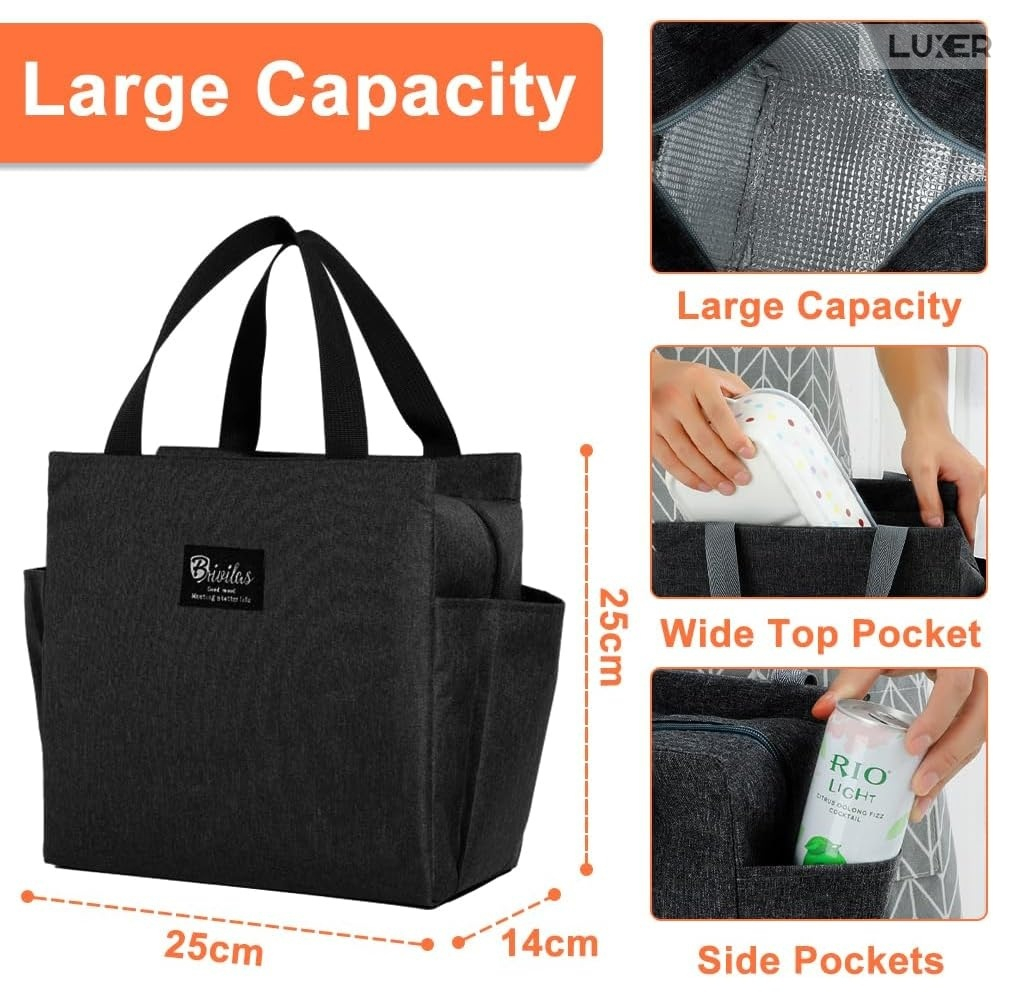 Geantă termoizolantă neagră Luxer, rezistentă la apă, pentru păstrarea alimentelor și băuturilor calde 3–4 ore și reci până la 5 ore. [5]