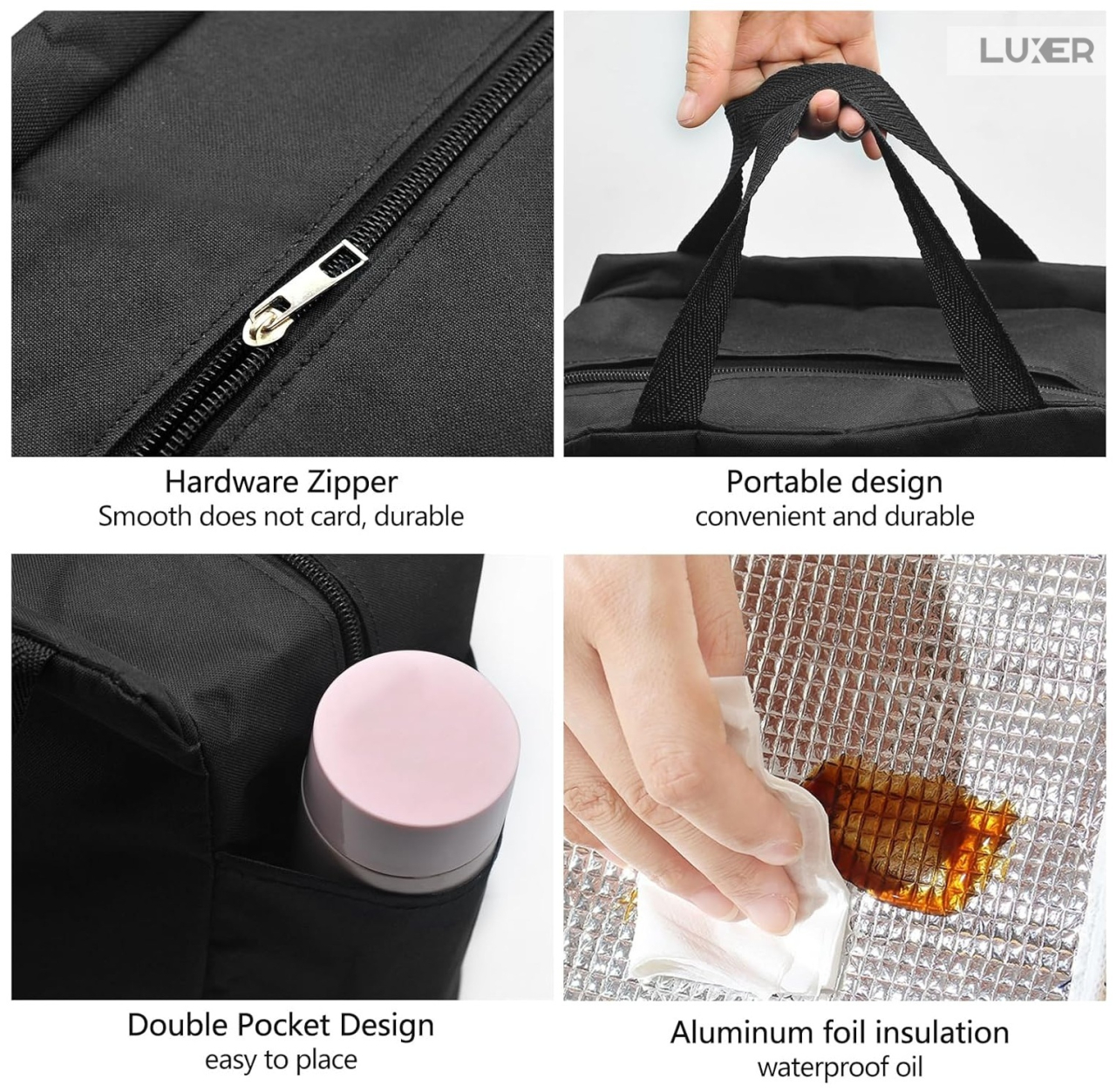 Geantă termoizolantă neagră Luxer, rezistentă la apă, pentru păstrarea alimentelor și băuturilor calde 3–4 ore și reci până la 5 ore. [3]