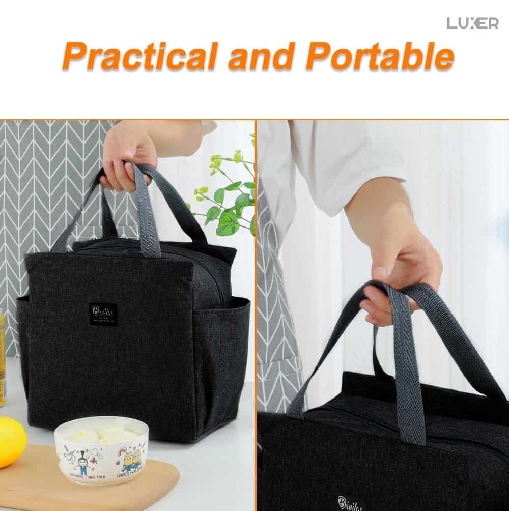 Geantă termoizolantă neagră Luxer, rezistentă la apă, pentru păstrarea alimentelor și băuturilor calde 3–4 ore și reci până la 5 ore. [6]