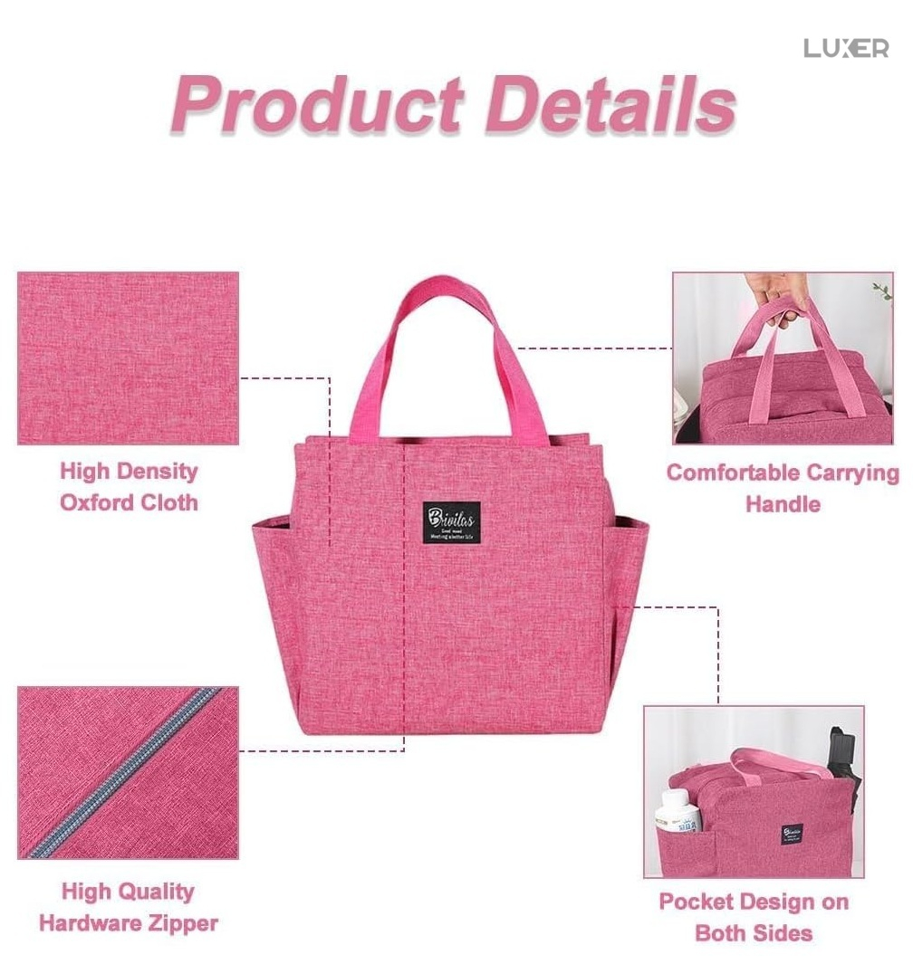 Geantă termoizolantă roz Luxer, rezistentă la apă, pentru păstrarea alimentelor și băuturilor calde 3–4 ore și reci până la 5 ore. [11]