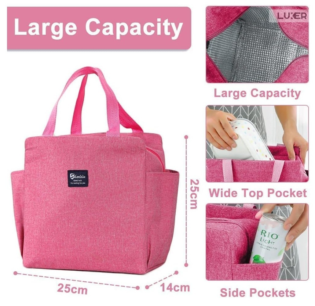 Geantă termoizolantă roz Luxer, rezistentă la apă, pentru păstrarea alimentelor și băuturilor calde 3–4 ore și reci până la 5 ore. [4]