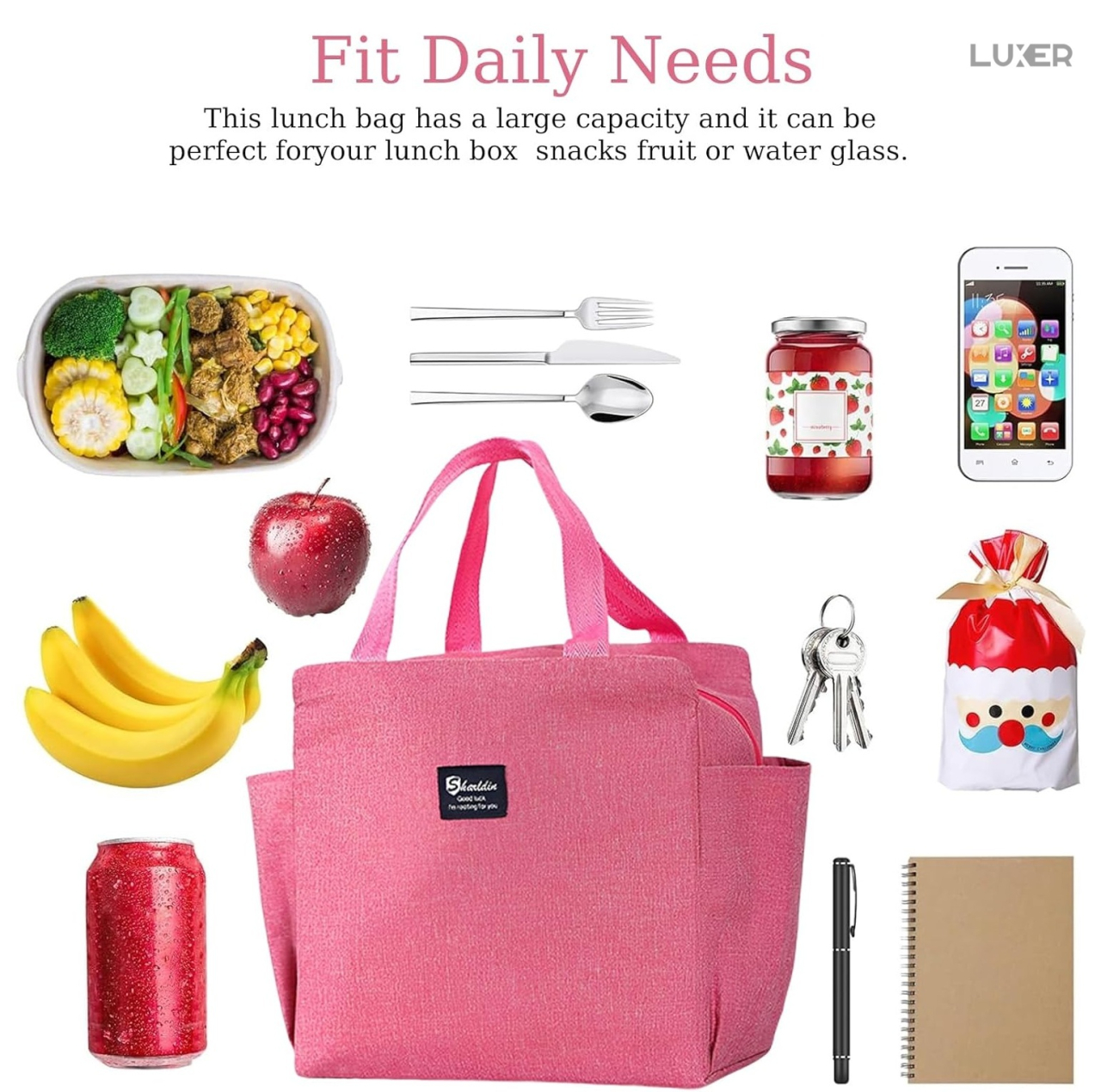 Geantă termoizolantă roz Luxer, rezistentă la apă, pentru păstrarea alimentelor și băuturilor calde 3–4 ore și reci până la 5 ore. [3]