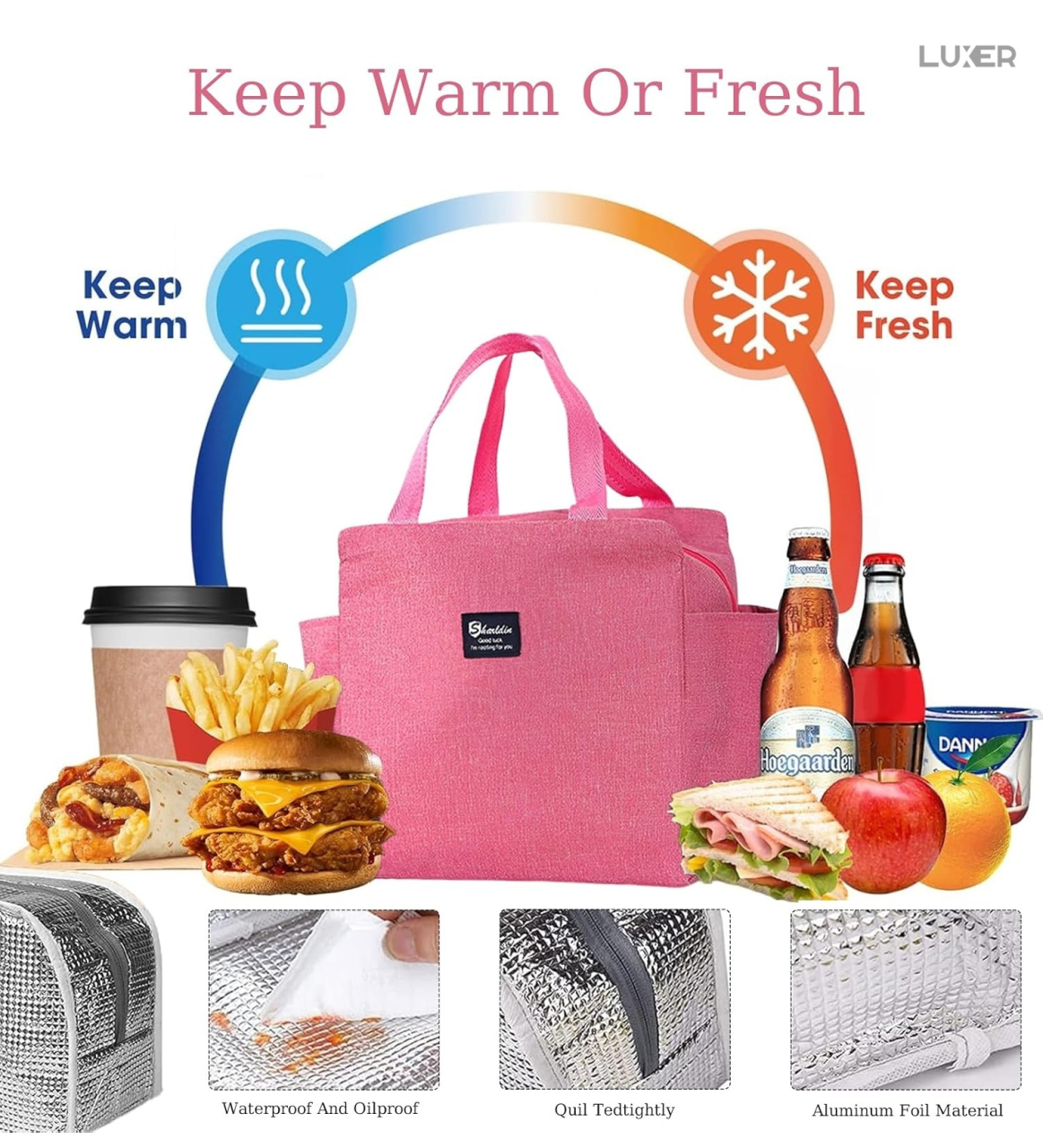 Geantă termoizolantă roz Luxer, rezistentă la apă, pentru păstrarea alimentelor și băuturilor calde 3–4 ore și reci până la 5 ore. [8]