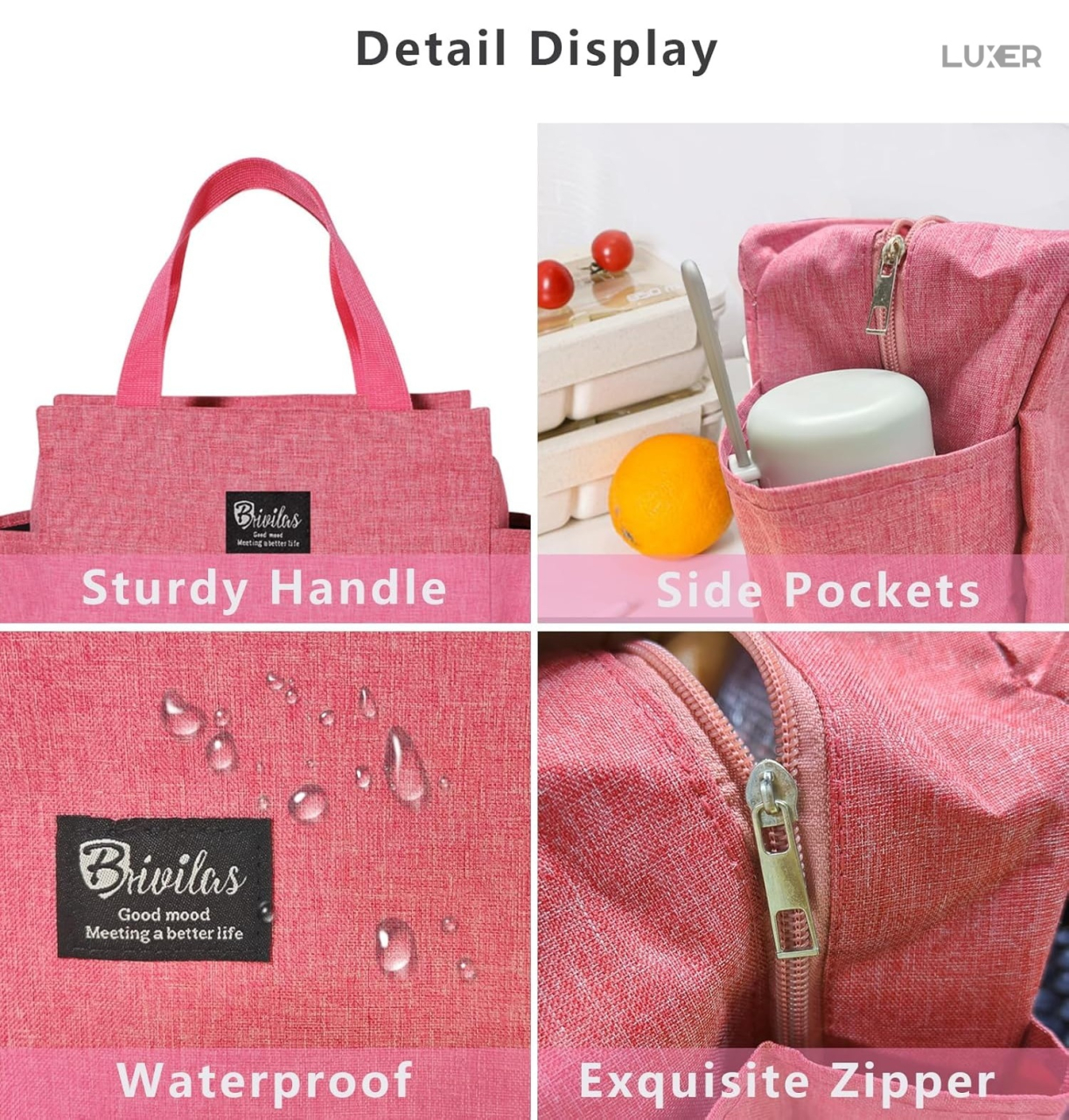 Geantă termoizolantă roz Luxer, rezistentă la apă, pentru păstrarea alimentelor și băuturilor calde 3–4 ore și reci până la 5 ore. [10]