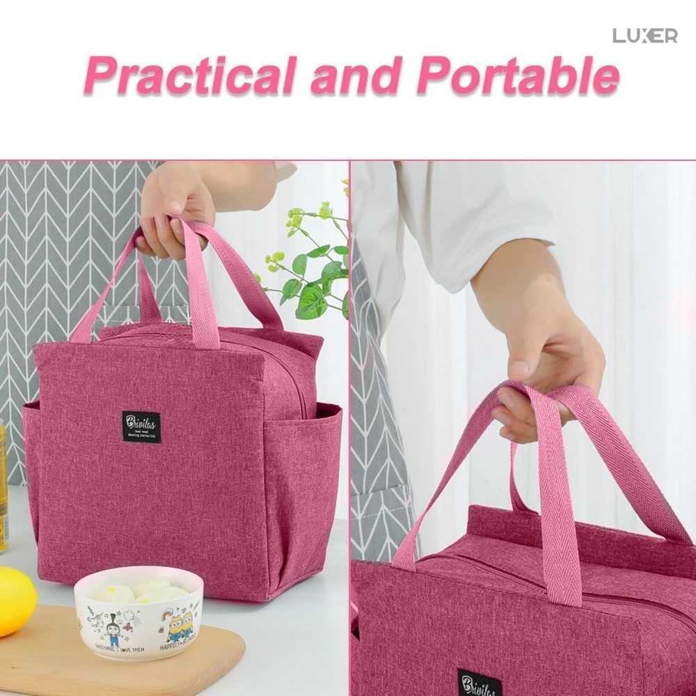 Geantă termoizolantă roz Luxer, rezistentă la apă, pentru păstrarea alimentelor și băuturilor calde 3–4 ore și reci până la 5 ore. [2]
