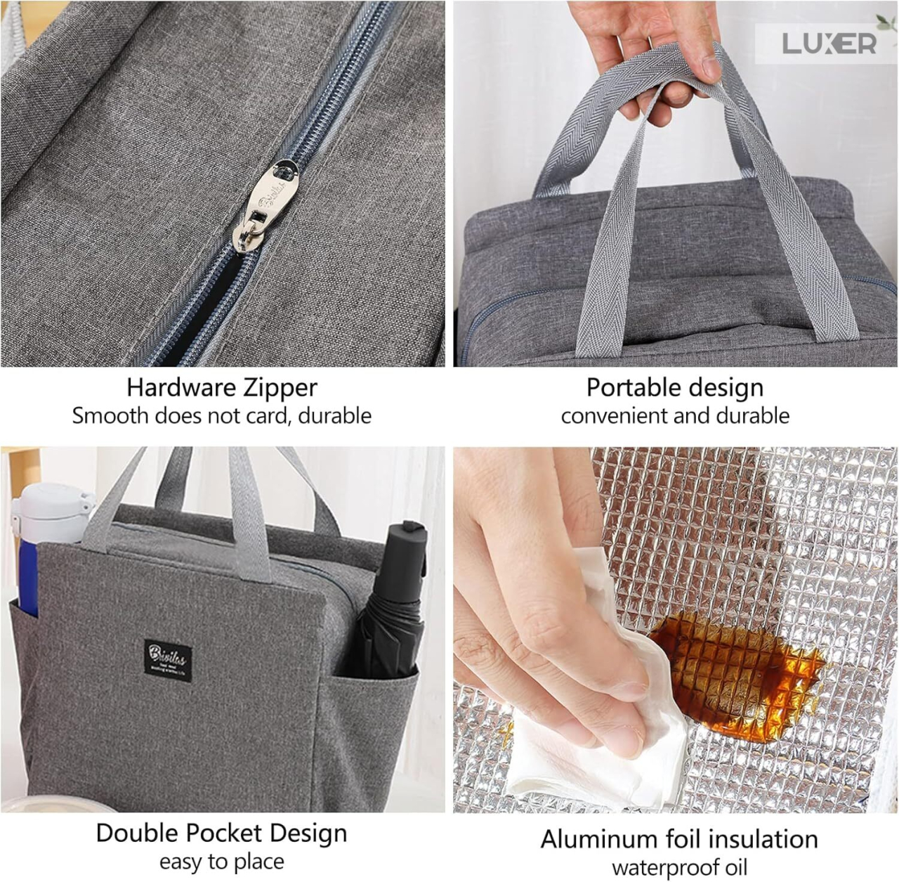 Geantă termoizolantă Gri Luxer, rezistentă la apă, pentru păstrarea alimentelor și băuturilor calde 3–4 ore și reci până la 5 ore. [7]