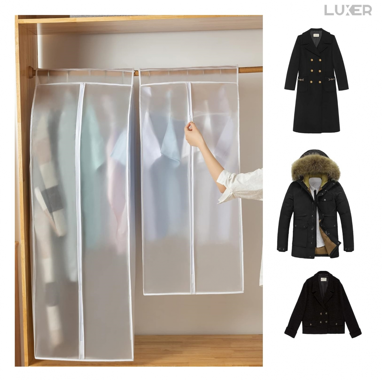 Husa Impermeabila Pentru Protectie Haine In Dulap/Dressing, Cu Fermoar, Lungime 60 cm, Latime 50 cm, Inaltime 150 cm, Alb Transparent, Luxer, huse haine groase blana pentru depozitare, haina piele, husa haine ieftina dedeman emag jysk leroy merlin transparenta cu fermoar auchan carrefour luxer [6]
