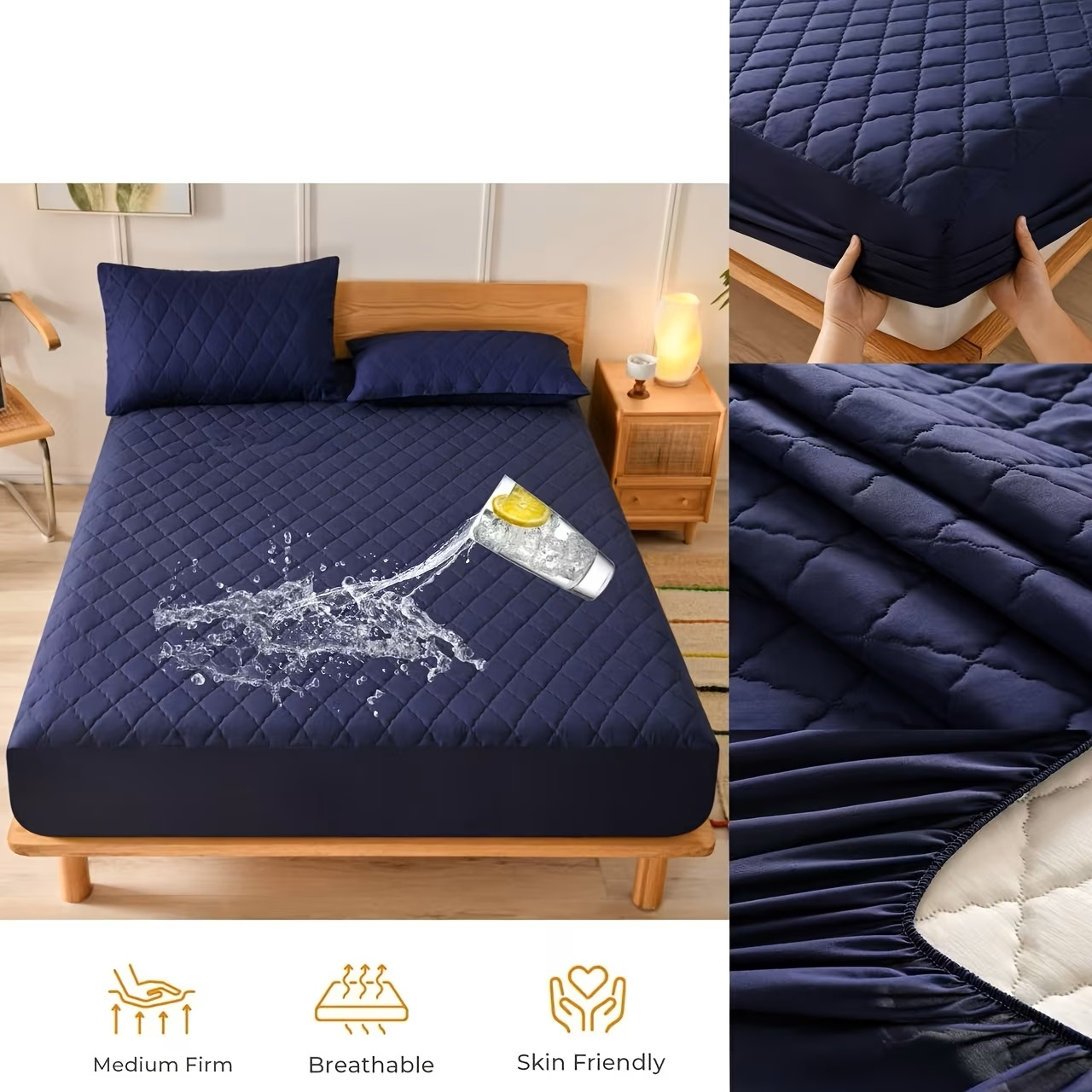 Husă Saltea Impermeabilă Matlasată 160x200 cm Albastru Navy [3]