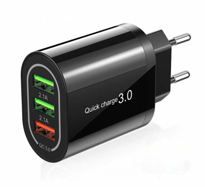 Incarcator 3x USB Ultra Fast Charge Qualcomm 3.0 cu Multiple Protectii Alb/Negru Luxer, incarcator universal priza convertor priza de calatorie usb usb c altex samsung iphone 13 apple watch dedeman 20w white/black fast charge ieftin protectie supraincalzire flanco emag luxer [4]